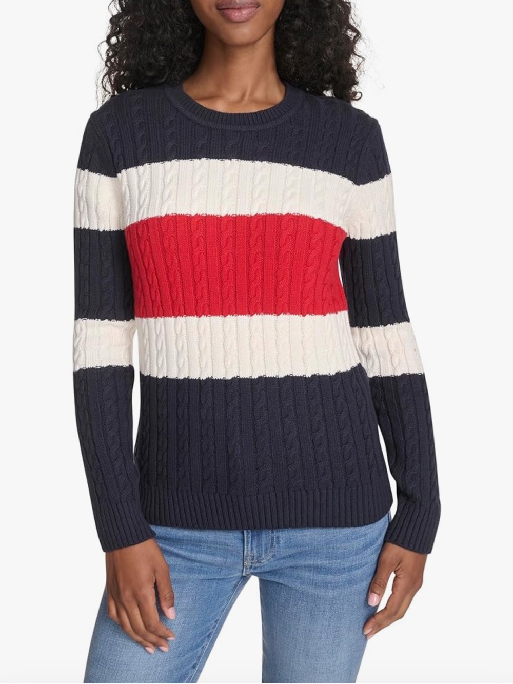 Tommy Hilifiger XL Leila Logo Striped Cable Knit Crewneck Sweater Navy White Red